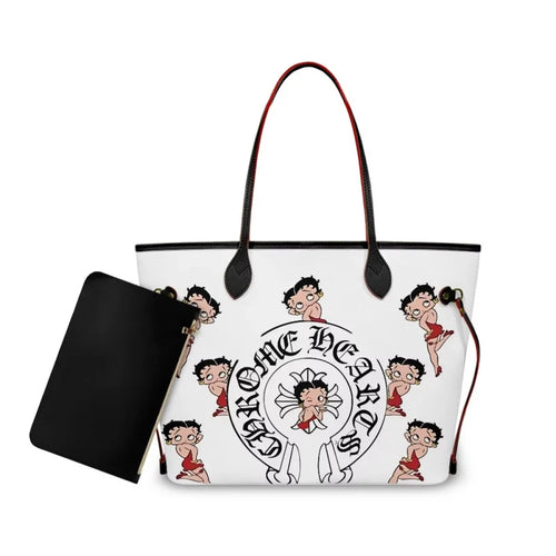 Betty Boop x Chrome Hearts white tote bag set with matching black clutch pouch