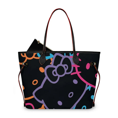 Hello Kitty neon outline tote bag on black background with colorful accents